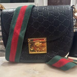 Gucci Guccissima Black Crossbody or Shoulder Bag with Gold Lock & Classic Strap